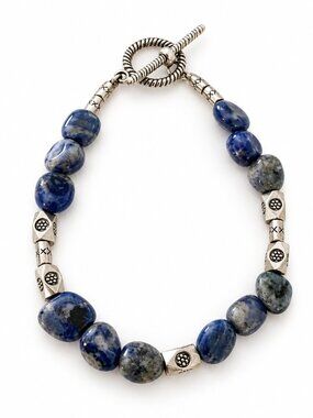 Sodalite Gemstone Bracelet Silver Tone Toggle Clasp Boho 7.25"